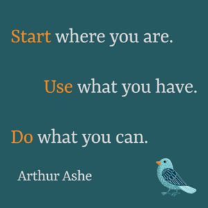 Text auf dunkelgrünem Hintergrund: Start where you are, use what yoiu have, do what you can. Arthur Ashe